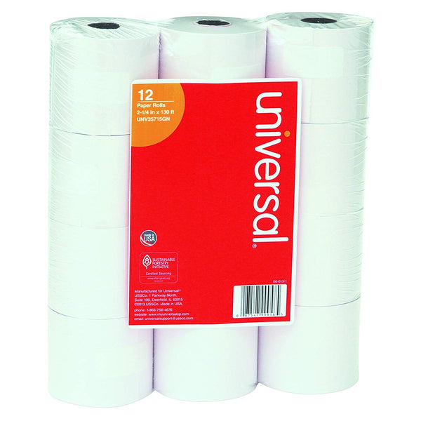 Universal 35715GN Adding Machine/Calculator Roll, 16 lb, 2-1/4" x 130 ft, White (Pack of 12)