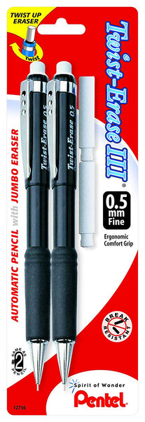 Pentel Twist-Erase III Automatic Pencil with 2 Eraser Refills, 0.5mm, Assorted Barrels, 2 Pack (QE515BP2-K6)