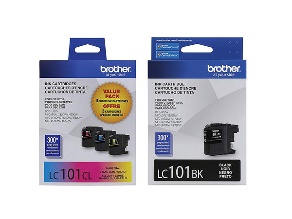 Brother LC101 Ink Cartridges (Black, Cyan, Magenta, Yellow) in Retail Packaging